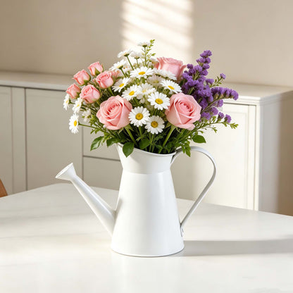 White Metal Watering Can Flower Decor Vase