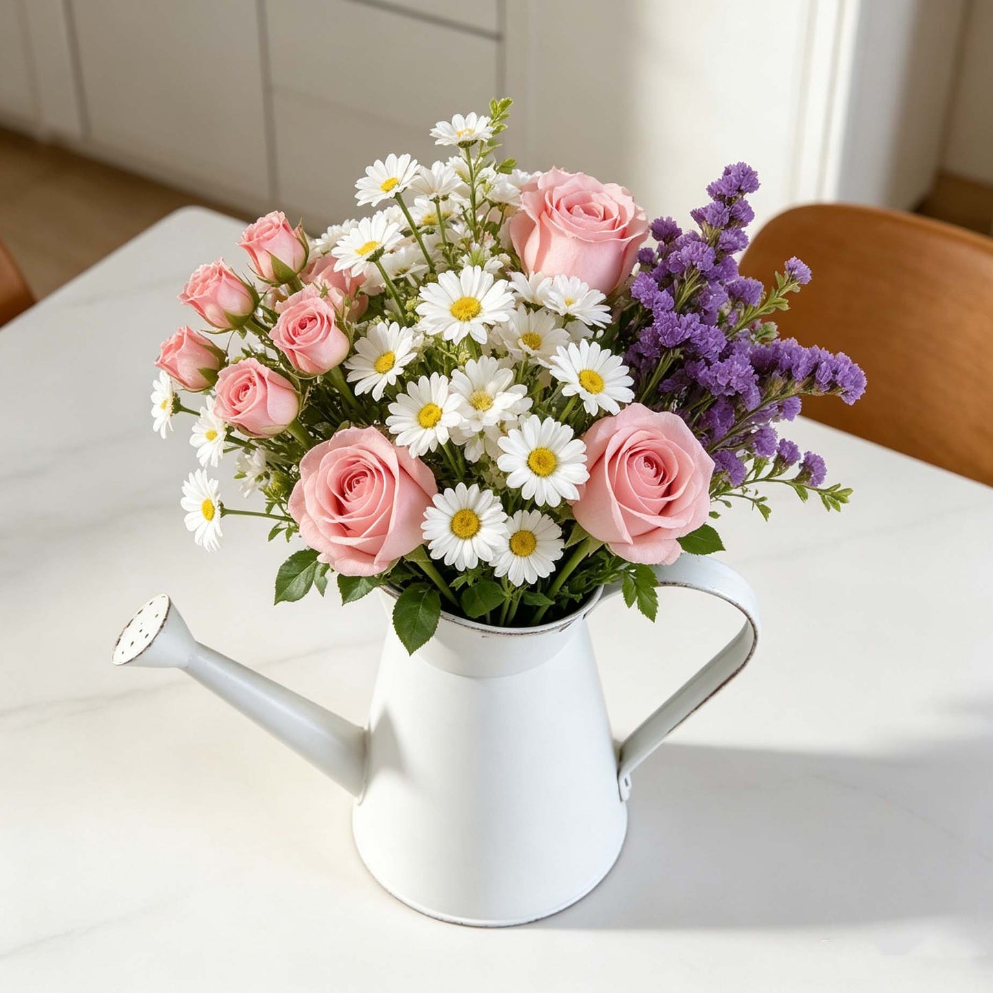 White Metal Watering Can Flower Decor Vase