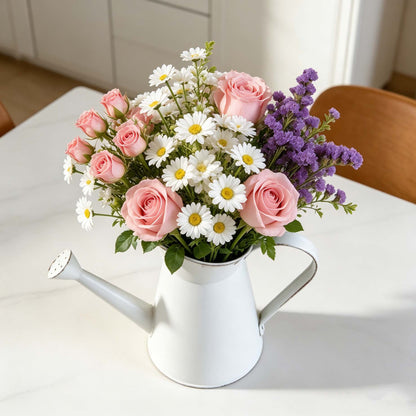 White Metal Watering Can Flower Decor Vase